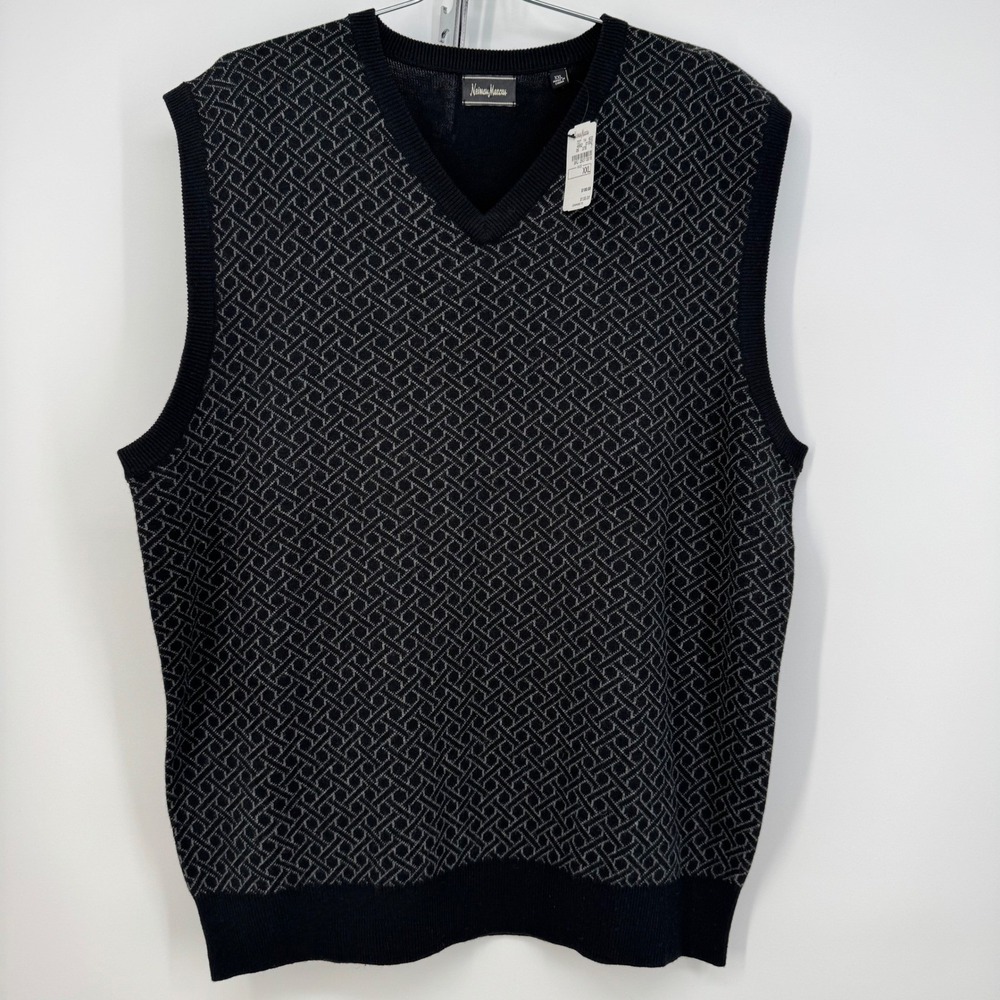 Neiman Marcus XXL Mens Sweater Vest Wool Blend‎ Geometric Black Gray Knit